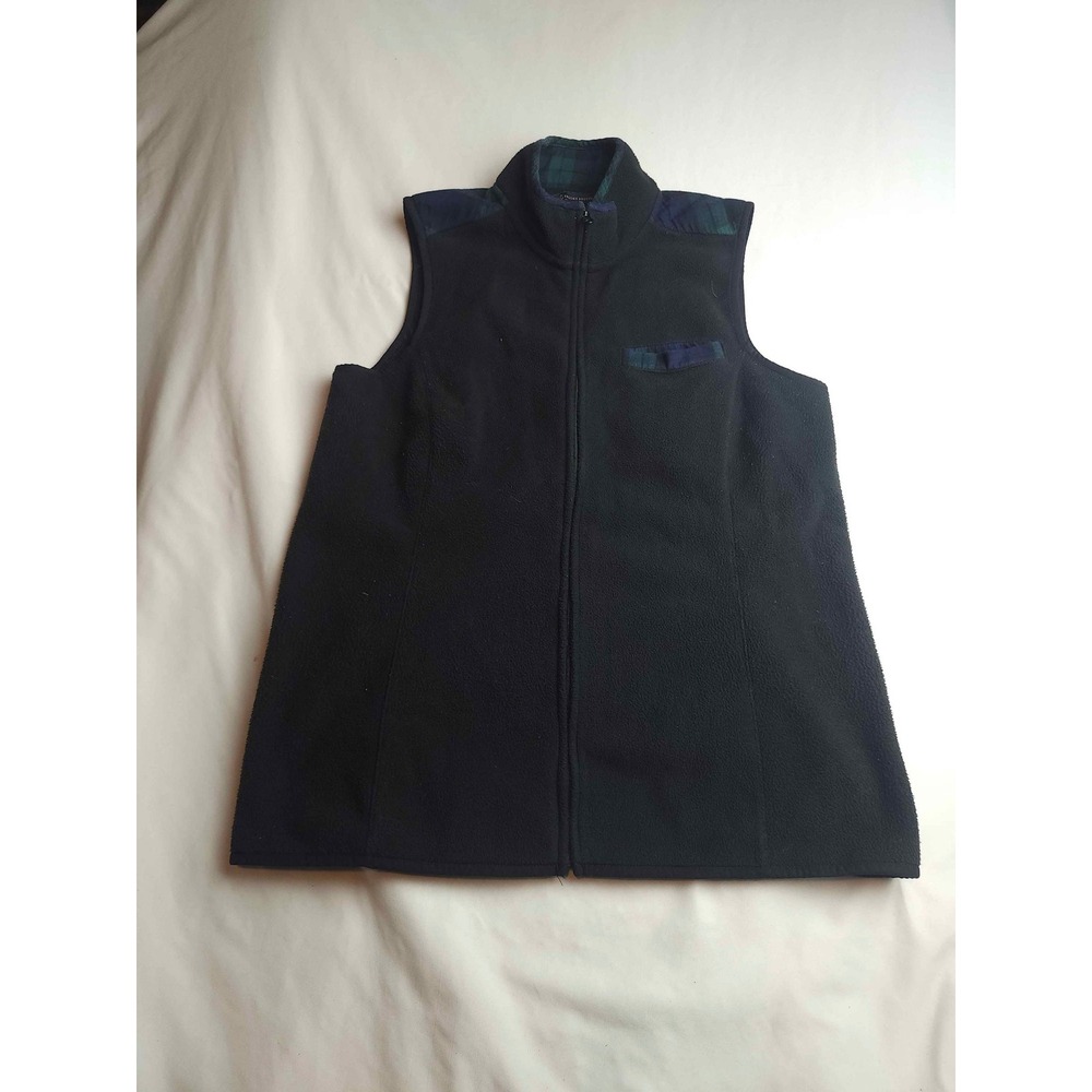 Brooks Brothers Navy Fleece Vest Black Watch Plaid Trim Full Zip Womens Medium